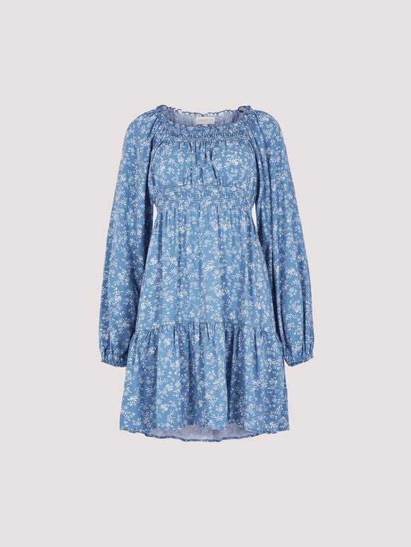 Floral Silhouette Milkmaid Mini Dress, Blue, large