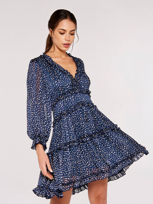 Textured Dot Ruffle Dress, Navy, large