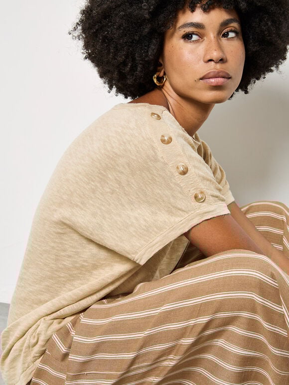 Button Detail Knitted T-Shirt, Stone, large