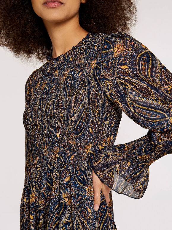 Ornate Paisley Smock Dress, Navy, large