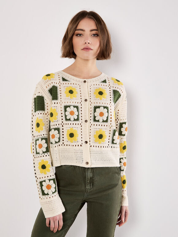 Patchwork Daisy Crochet Cardigan, Yellow, large
