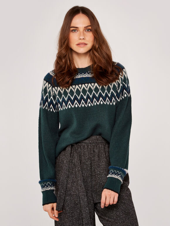 Fairisle Knit Jumper, Green, large