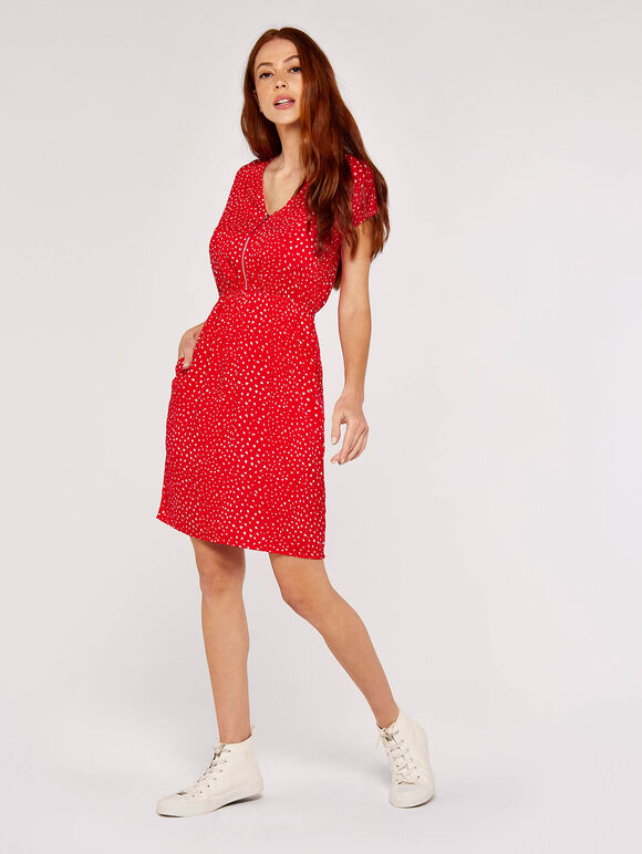 Dot Zip Front  Dress, Red, large