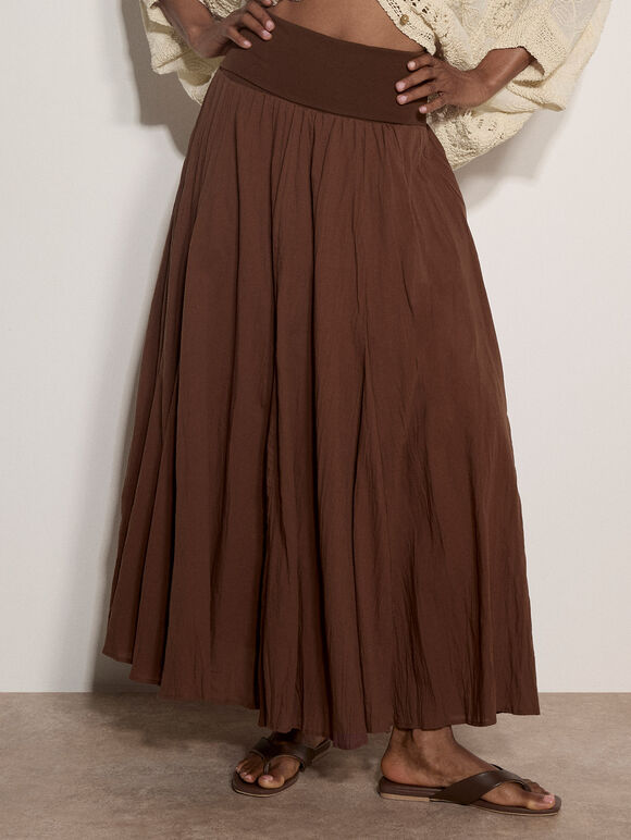 Jersey Waistband Cotton Midaxi Skirt, Brown, large