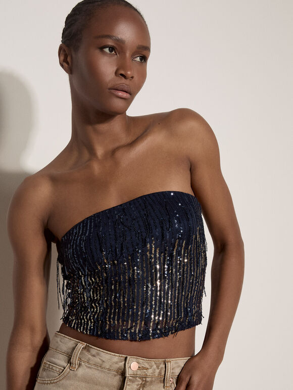 Fringe Sequin Bandeau Crop Top, Navy, large
