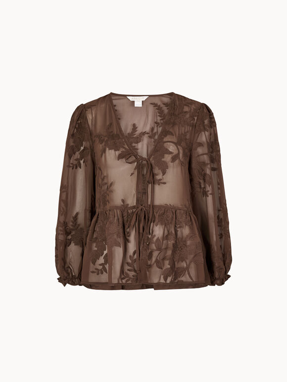 Embroidered Floral Chiffon Top, Brown, large