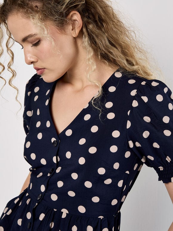 Polka Dot Button-Down Midi Dress, Navy, large