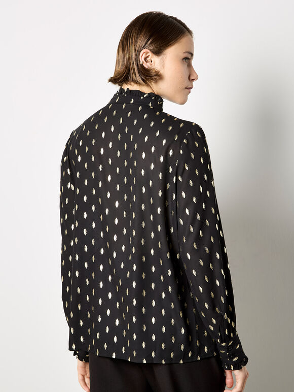 Gold Foil Ruffle Chiffon Blouse, Black, large