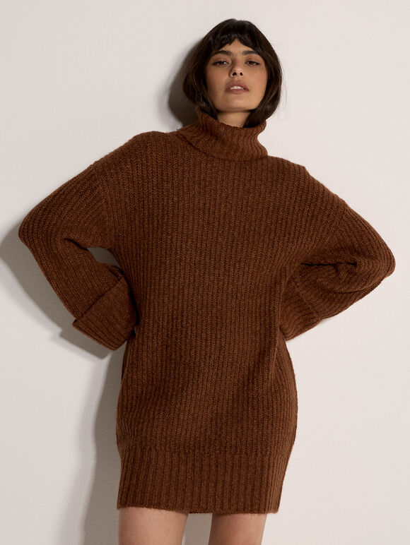Boucle Knit Fisherman Jumper Mini Dress, Rust, large