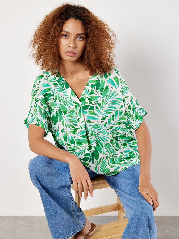 Tropical Leaf Print Pleat Top, Cream, large