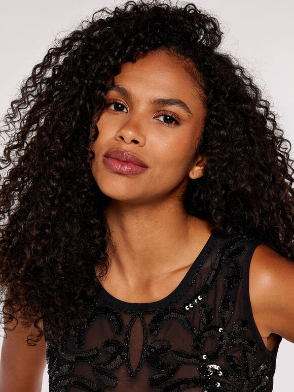 Sequin Mirror Mesh Bodysuit, Black, large