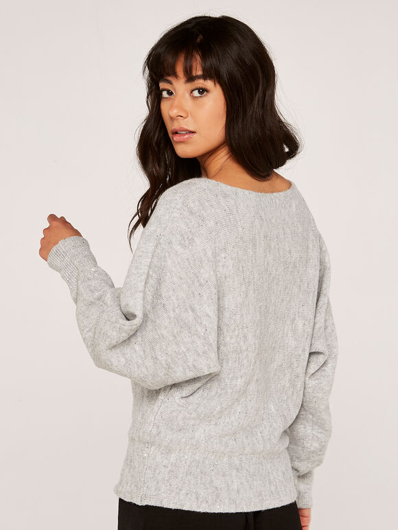 Sequin Slash Neck Jumper, Light Grey / Silver, large