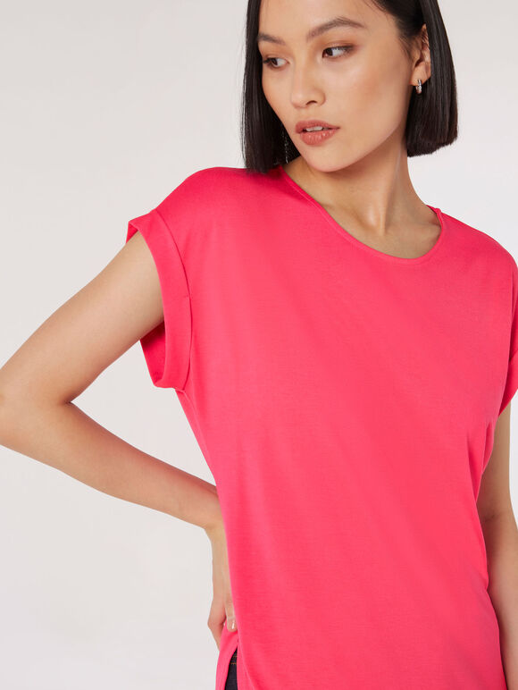 Jersey-T-Shirt mit abgerundetem Saum, Fuchsia, groß