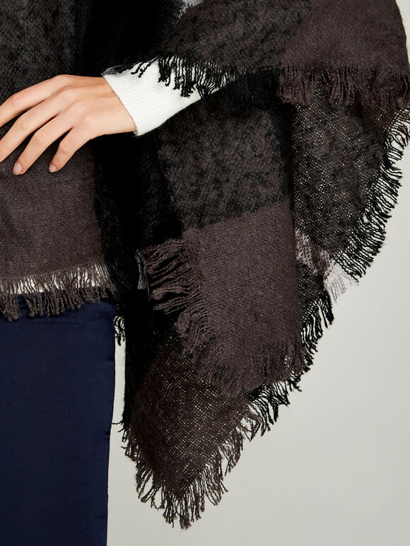 Colourblock Stripe Boucle Poncho, Dark Grey - Charcoal, large