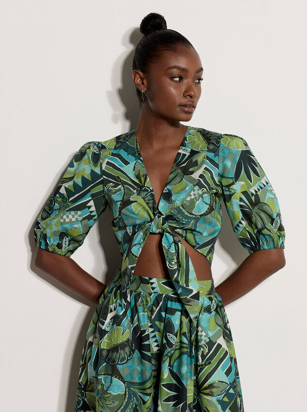 Tropical Leaf Patchwork Tie Front Top, Aqua - Turquoise, large