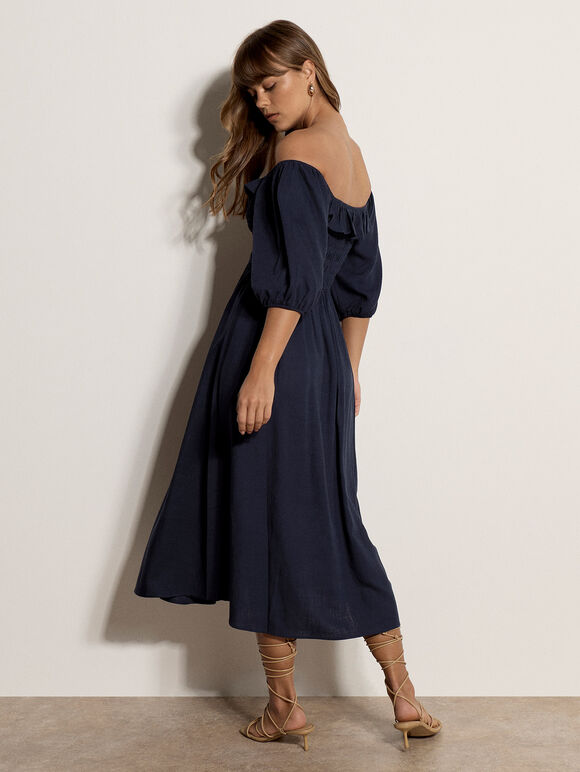 Smocked Bardot Maxi Dress, Navy, large