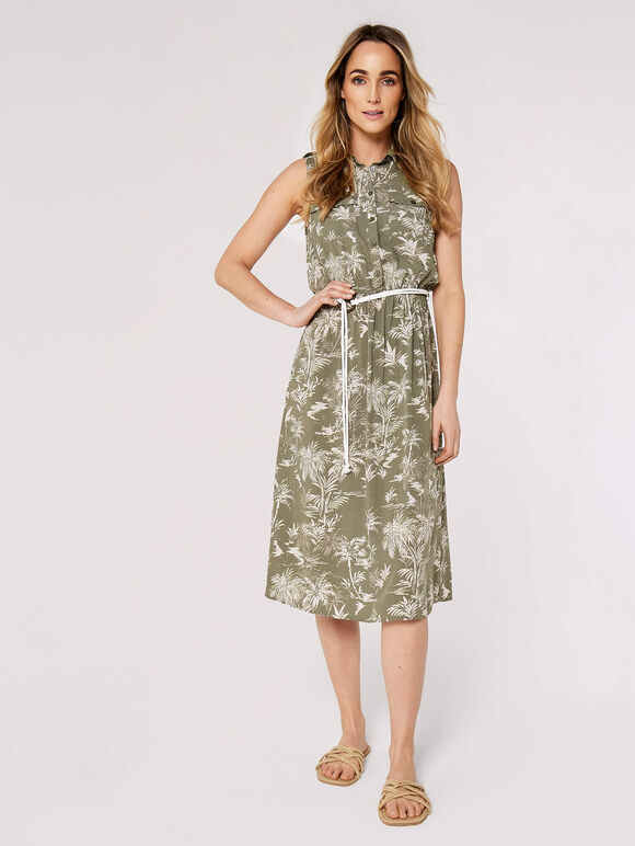 Palm Scene Midi Dress, Khaki, large