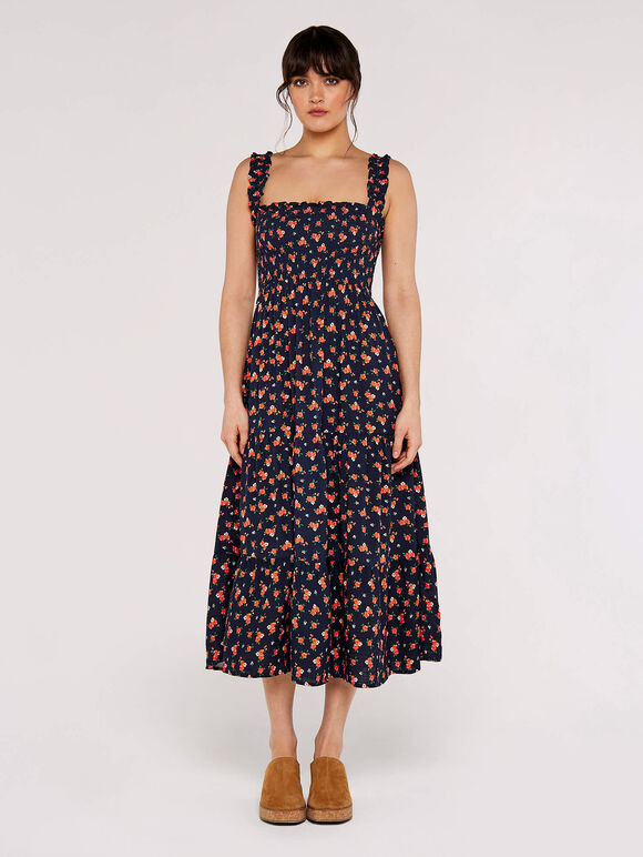 Ditsy Smocked Midi Dress, Navy, large