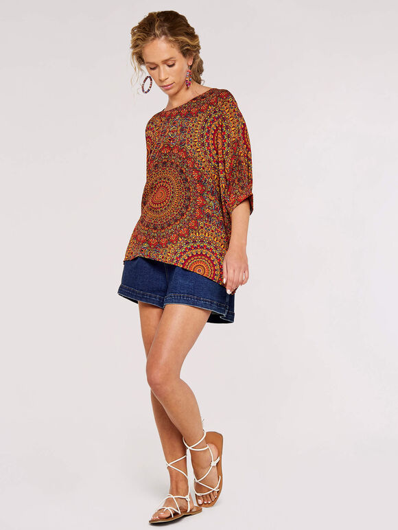 Moroccan Mandala Oversized Top, Red, large