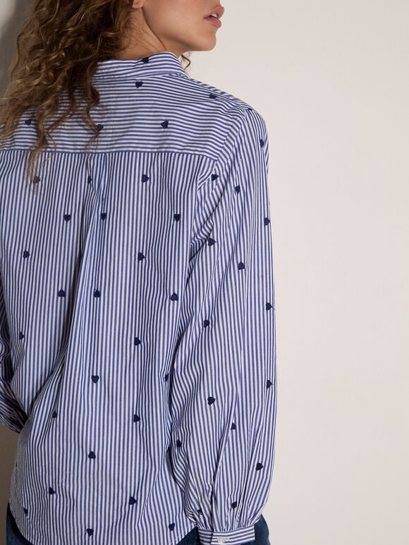Heart Embroidered Stripe Cotton Shirt, Blue, large