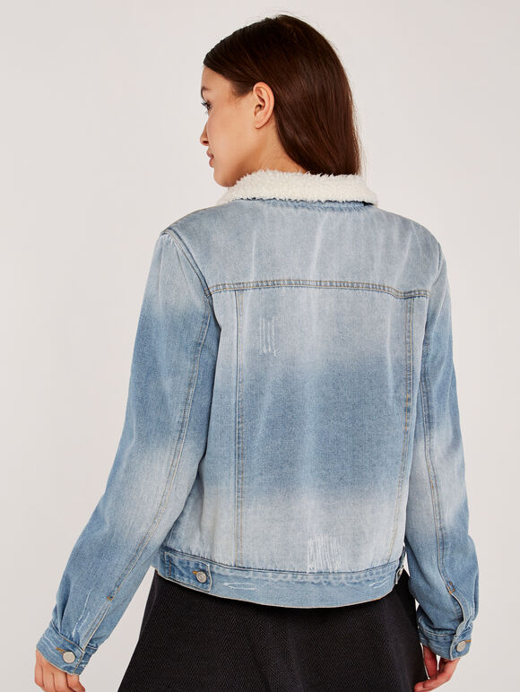 Denim Teddy Fur Lined Jacket, Blue, large