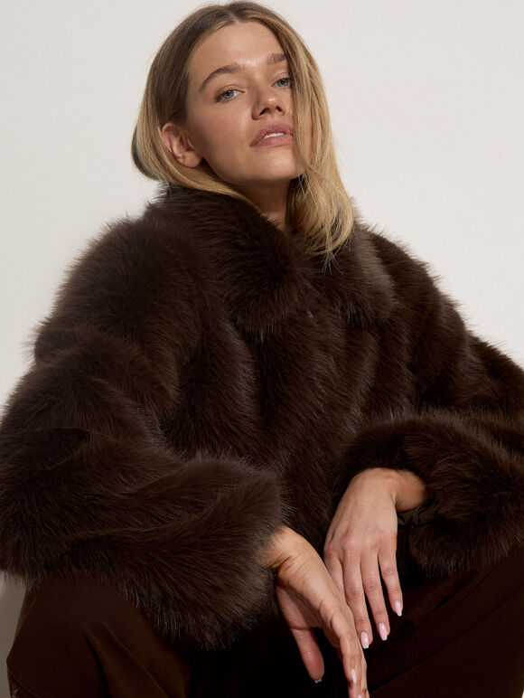 Luxe Faux Fur Short Jacket, Brown, large