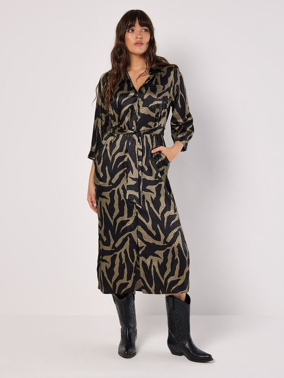 Textured Satin Zebra Midi Dress, Khaki, large