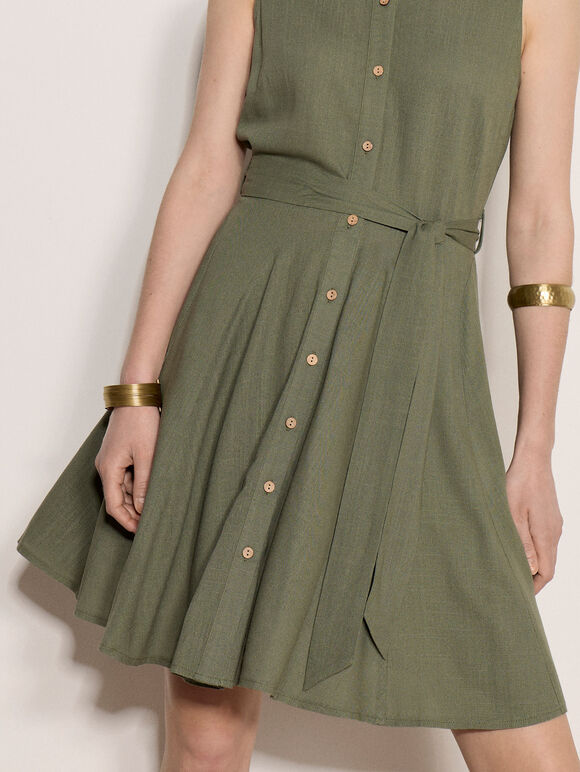 Linen Blend Shirt Mini Dress, Khaki, large