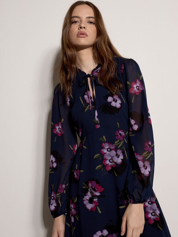 Floral Print Chiffon Midi Dress, Navy, large