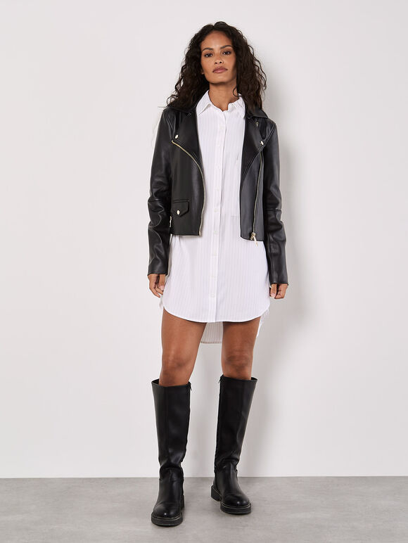 Faux Leather Biker Jacket, Black, large