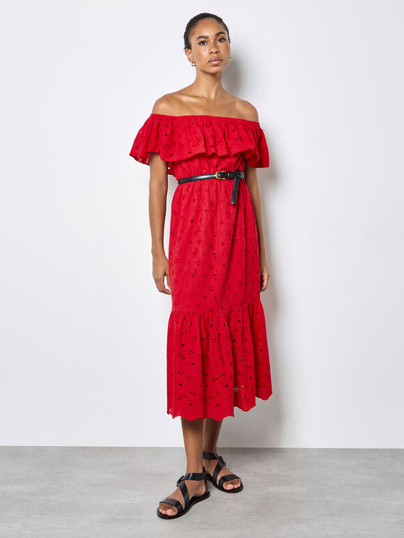 Bardot Broderie Maxi Dress, Red, large