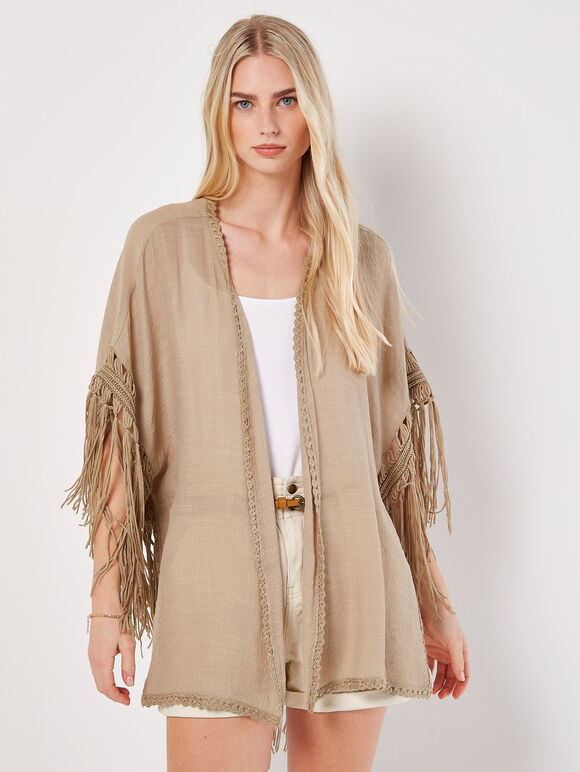 Slub Shimmer Fringe Cover-Up Cardigan, Stone, groß