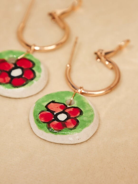Hand Painted Ceramic Hoop Earrings, Green, large