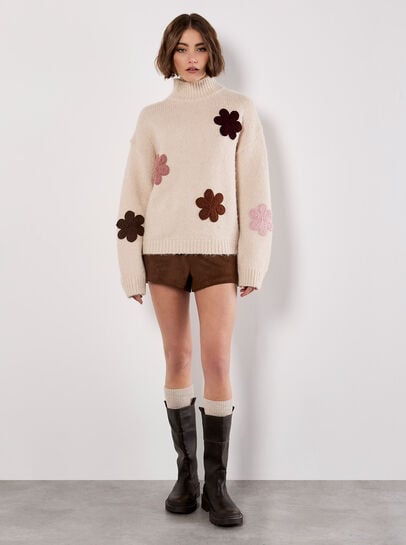 Embroidered Flower Chunky Knit Jumper