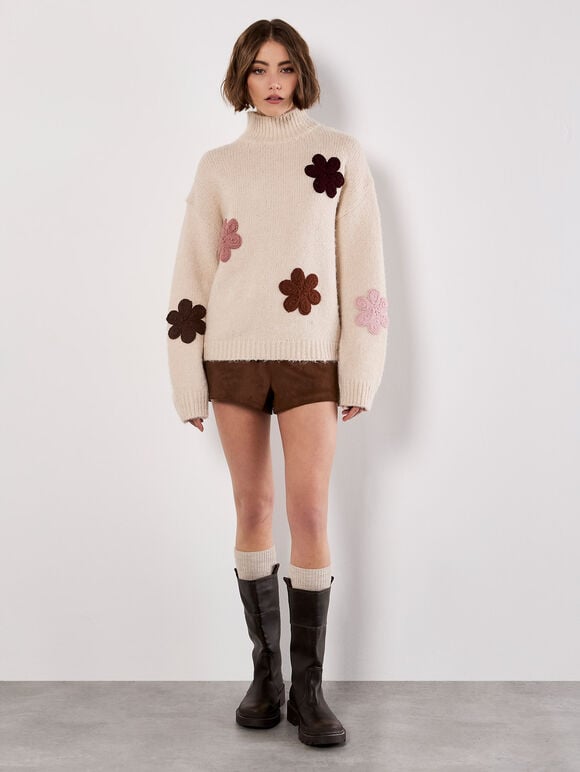 Embroidered Flower Chunky Knit Jumper, Stone, large