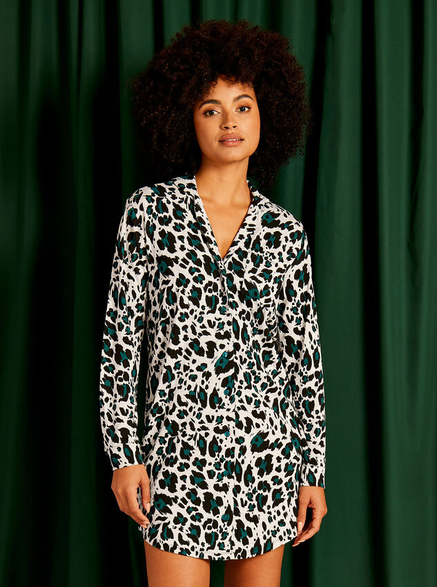 Cheetah Print Night Shirt Dress, Grey, large
