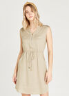 Zip Down Toggle Tie Waist Dress, Stone, large