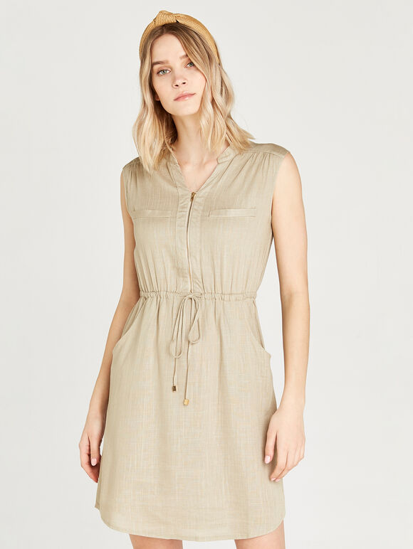 Zip Down Toggle Tie Waist Dress, Stone, large
