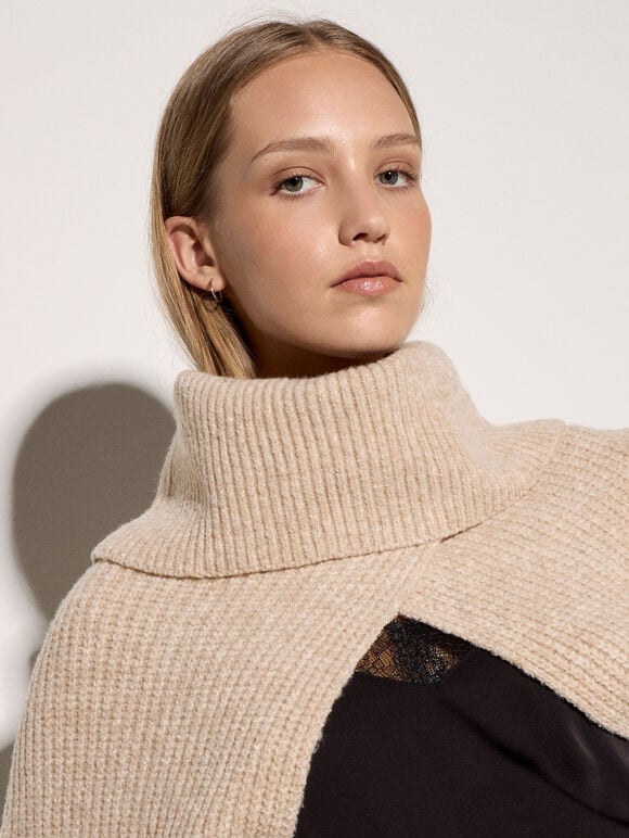 Fisherman Knit Cape Bolero, Stone, large