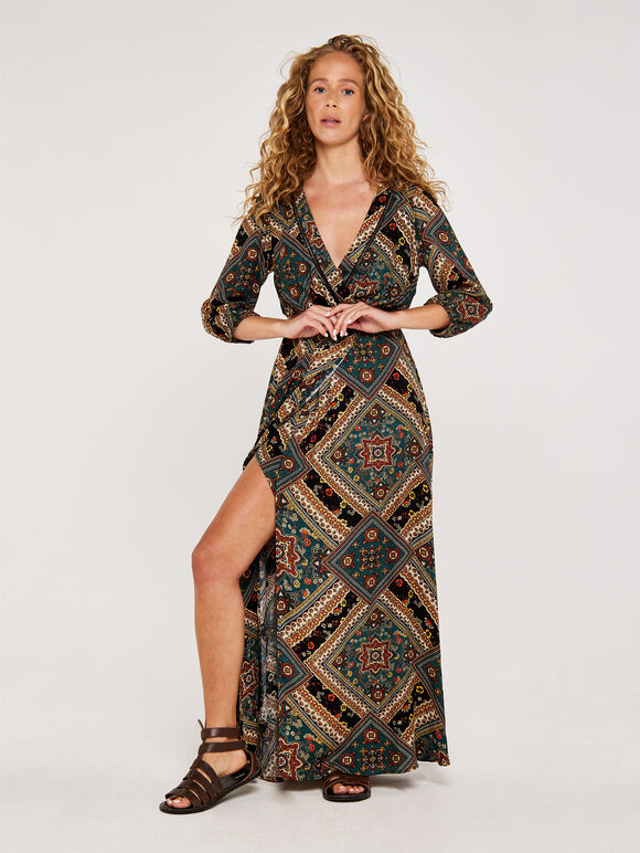 Printed Wrap Maxi Dress, Black, large
