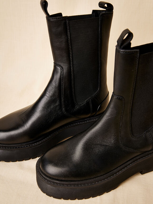 Bottes à plateforme en cuir épais, noir, grand