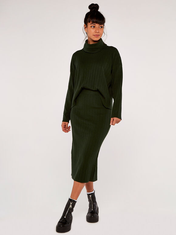 Ribbed Knit Skirt, Green, large