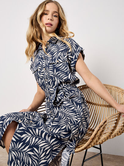 Leaf Print Shirt Midi Dress