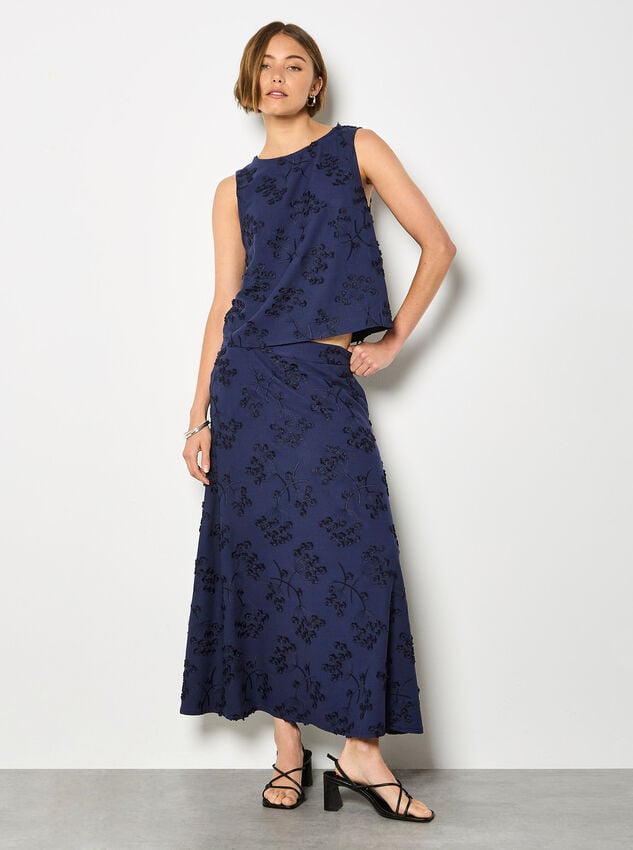 Embroidered Floral Linen Blend Shell Top, Navy, large