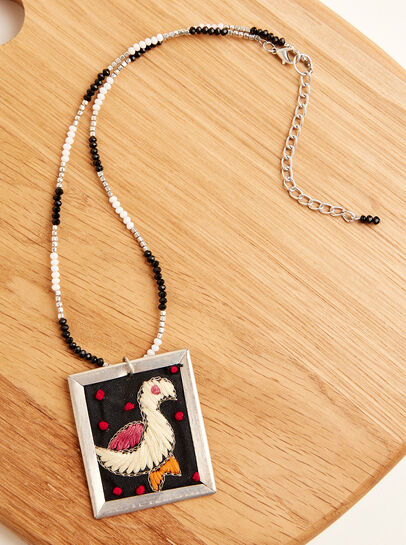 Silver Tone Embroidered Bird Beaded Necklace
