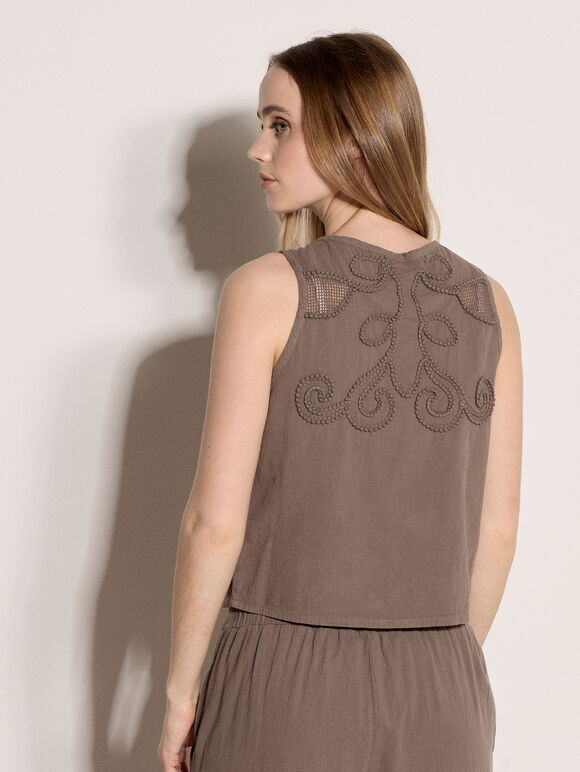 Embroidered Cotton Shell Top, Stone, large