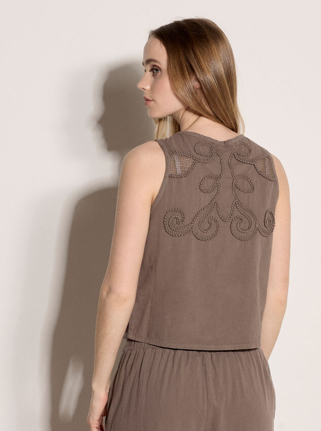 Embroidered Cotton Shell Top, Stone, large