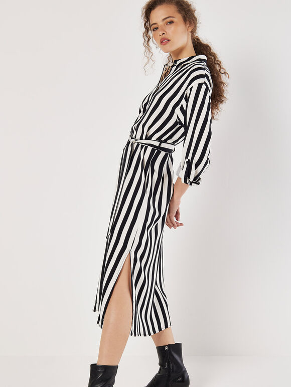 Monochrome Stripe Shirt Midi Dress, Black, large