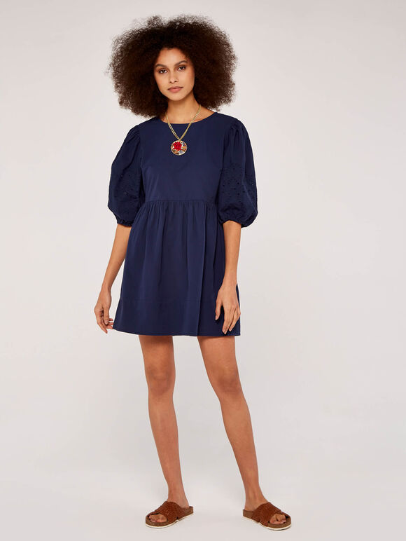 Embroidery Puff Sleeve Dress, Navy, large
