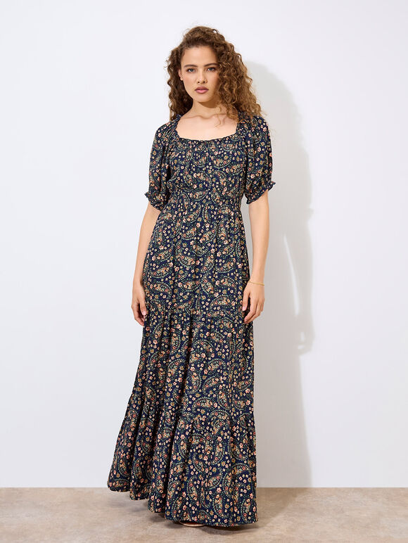 Floral Paisley Milkmaid Maxi Dress, Navy, large